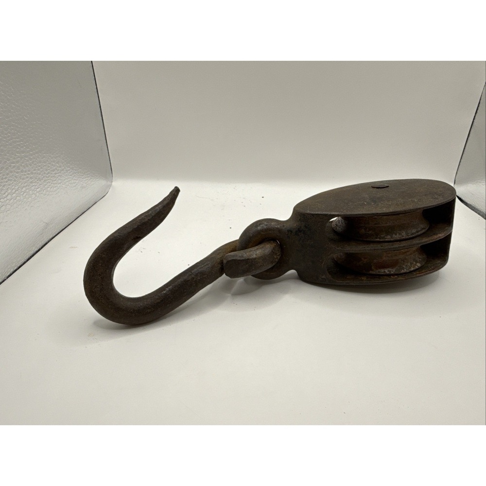 Antique Iron Double Pulley W Large Hook Rustic Farmhouse Decor Authentic